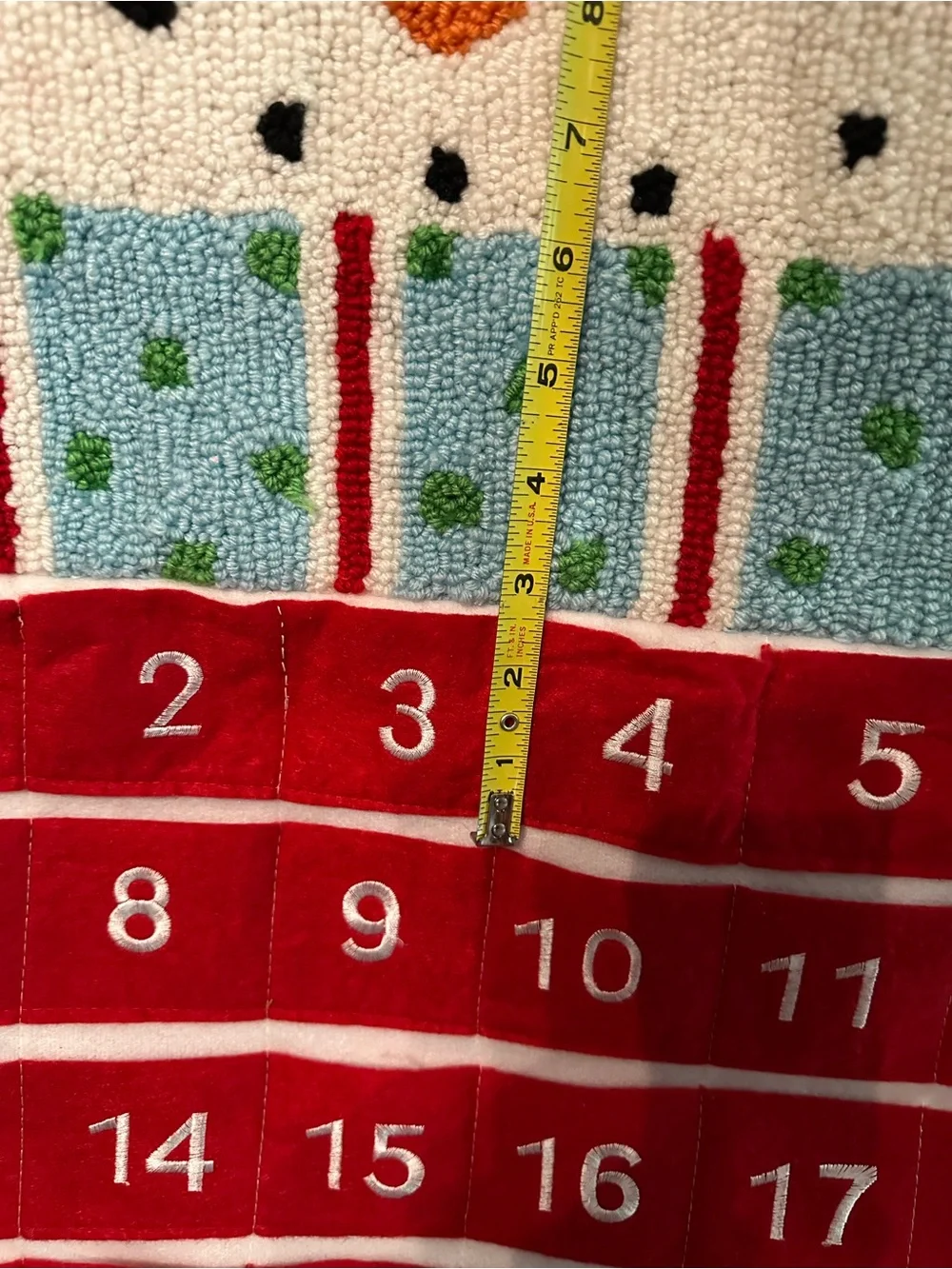 Textured Hooked Fabric Red Snowman Advent Calendar Wall Hanging